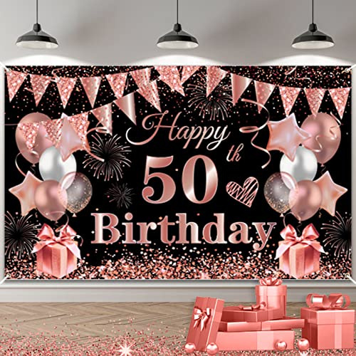 50. Geburtstag Deko Banner Schwarz Roségold, 185x110cm Groß Stoff 50th Geburtstag Hintergrund Schild Poster Banner, 50. Geburtstagsfeier Dekorationen Banner für Frau Geburtstagsdeko Party Deko