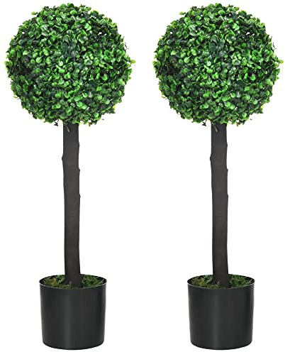 HOMCOM Set of 2 Potted Artificial Plants Boxwood Ball Trees Indoor Outdoor, 60cm