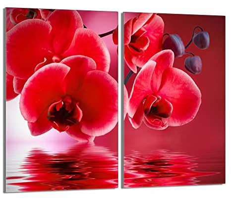 Herdabdeckplatten 2-Teilig 2x30x52 cm Ceranfeldabdeckung Küche Elektroherd Induktion Herdschutz Spritzschutz Glasplatte Schneidebrett aus Gehärtetem Glas, Orchidee Rot