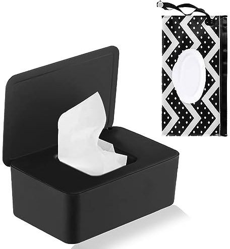 1 Stück Feuchttücher Box und 1 Stück Feuchttücher Tasche Set, Baby Feuchttücher Aufbewahrungsbox, Feuchtpapierbox mit Deckel, Spender für Feuchttücher, Spenderhalter mit Deckel für Zuhause(Schwarz)