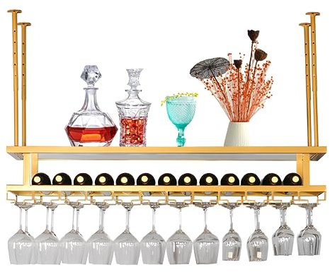 LIGUOYI Umgekehrter Weinglashalter, Weinglasregal Der Decke Mit Schrauben Weinflaschenhalter Goldene Farbe Breite Und Höhe Verstellbar 3 Schichten Gläserhalter, Verwendet In Der Bar Küche