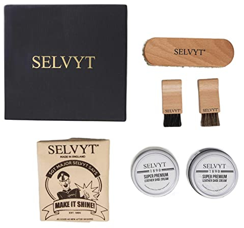 Selvyt 1890 SET S Shoe Care Kit Gift Box with Horse Hair Brushes, Cloth and Creams