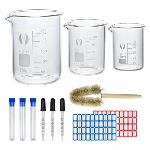 Episkey Becher Laborglas Messbecher 250 ml 100 ml 50 ml Borosilikatglas, 3 Stück 1 ml Glas-Tropfpipette und Aufbewahrungsröhrchen, 1 Stück Becherpinsel（3)
