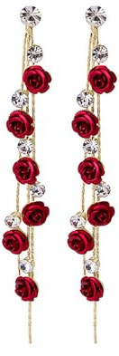 TOFBS Ohrringe Damen Rose Lang Hängend Ohrringe mit Zirkon Quasten Elegant Blume Statement Tropfen Ohrstecker Ohrringe Hochzeit Schmuck Für Frauen Mädchen
