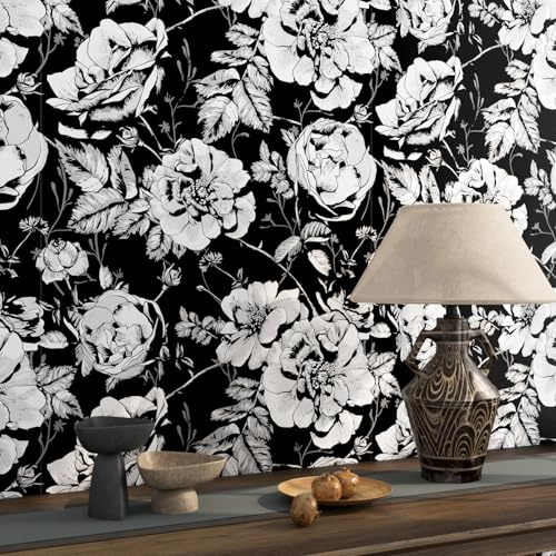 FunStick 44.5CM×9M Dunkel Tapete Blumen Schwarz Weiß Klebefolie Blumen Wandtapete Selbstklebend Schwarze Tapete Wand Abnehmbare Möbelfolie Weiß Schwarz Folie für Küchenschränke Kommode Wohnzimmer