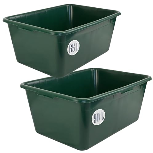 Petigi 2er Set Wildwanne 65 L + 90 L Futterwanne Mörtelwanne Kunststoffwanne Wassertrog Wasserbehälter Grün Lebensmittelecht Multiwanne