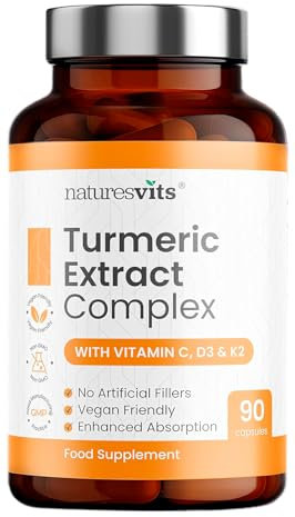 Turmeric Capsules with Black Pepper, Vitamin C, D3 and K2, 90 Count - High Strength Joint Health Supplement for Adults with Active Curcumin Extract Powder - A Natural Herbal Anti Inflammator