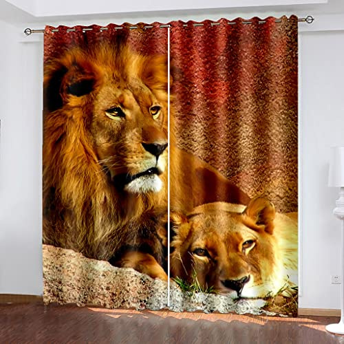3D Lion Animalier Motif Rideau Occultant Thermiques, Lot De 2 Rideaux À Oeillets Décoration De Fenêtre pour Chambre Et Salon, Draperies Isolant Thermique (Chaud/Froid) Et Phonique 150X164Cm