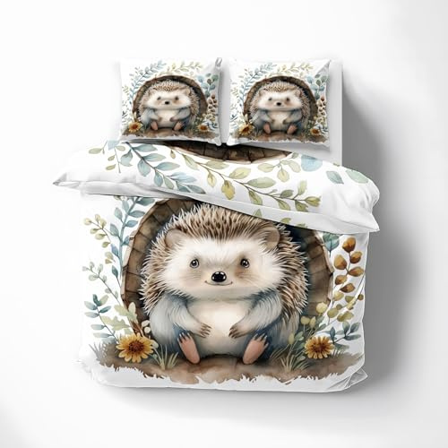 WQIZXCW Igel Bettwäsche 135x200 - Süße Tiere Motiv, Weiche und Angenehme Microfaser Bettbezug Set 2 Teilig, 1 Kissenbezug 80x80, mit Reißverschluss, Wendebettwäsche & Zimmer Deko