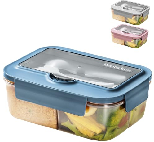 BRYN Bento Lunch Box Micro Ondable, 1400Ml Boite Repas avec 3 Compartiments et Couverts, Boite à Lunch pour Pique-Nique, Travail, Écoles, Camping et Fitness (Bleu)