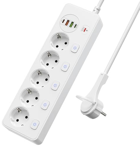 Steckdosenleiste 5 Fach Einzeln Schaltbar, Steckdosenleiste Wandmontage mit 2M Cable, Flachstecker Mehrfachsteckdose mit 2 USB-C & 2 USB-A (20W PD) für Homeoffice & Haushalt White