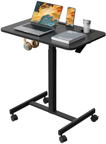 Liftsync Mobile Standing Desk, Rolling Laptop Cart Adjustable Height with Cup Holder, 28 inch Portable Table with 4 Lockable Wheels, Black Computer Workstation with Hook and Slots for Home Office