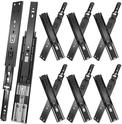 JI2OOYI glissières de tiroir 6 paires (12 pièces),35cm glissiere pour tiroir, amortisseur coulisse tiroir avec roulements à billes, montage latéral,extension complète, capacité de charge 45 Kg,noir