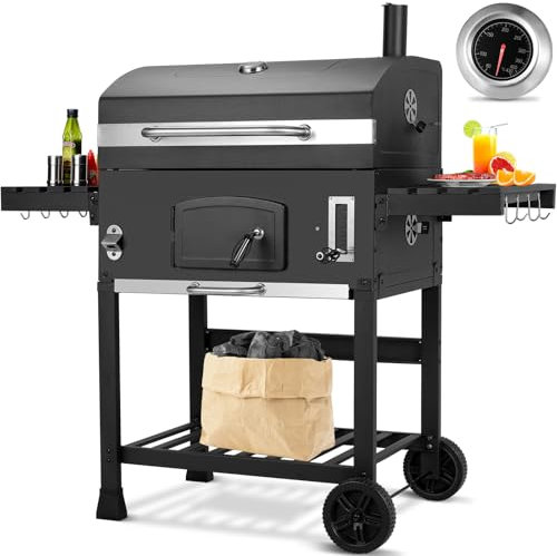 Barbecue Charbon de Bois XXL, Fumoir, Grand Barbecue à Charbon avec Cheminée, Couvercle, Roulettes, Thermomètre et Bac à charbon réglable en Hauteur, Chariot à Charbon pour Camping et Jardin
