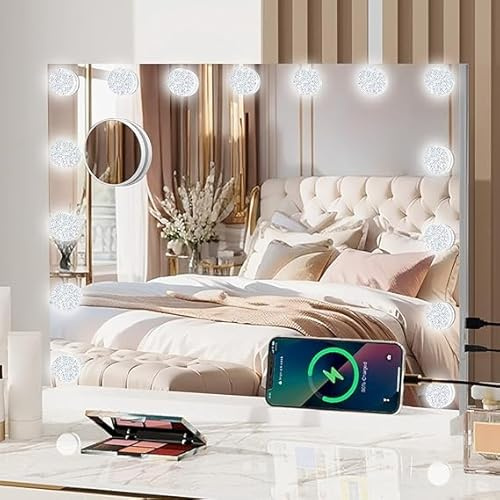 YU YUSING Hollywood Schminkspiegel mit LED Beleuchtung, 15 Diamant LED Licht 58x46cm, Kosmetikspiegel Hollywood Spiegel 3 Modi Dimmbar, Tischspiegel Wandspiegel mit USB Typ C für Schminktisch, Diamond