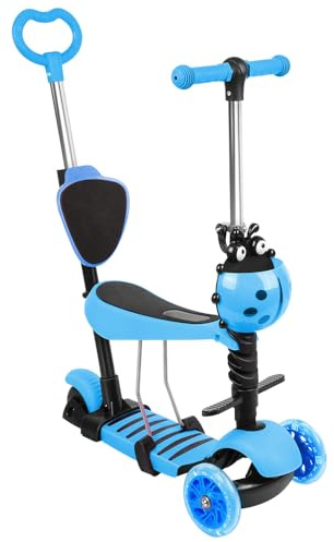 WODFARR Patinete para Niños, Patinete 3 Ruedas LED, Patinete Escalable 5 en 1 Manillar Regulable en Altura Bastón Telescópico Sillín Respaldo Desmontable, Juego al Aire Libre (Azul)