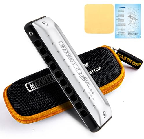 East top MAXWELL ST Blues Harmonica C, Professional Overblow and Bending 10 Holes MS030 Mouth Organ For All Levels Adults, Professional Players and Students