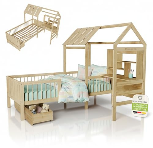 Juskys Kinderbett Yari 90x200 cm - Einzelbett mit Schreibtisch & Schublade, Kiefernholz & Langlebige Materialien, Verspieltes Haus-Design - Natur