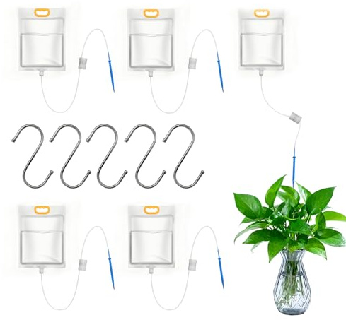 Système d’arrosage plante 5 pièces,Sac d’arrosage goutte à goutte automatique avec crochets en acier inoxydable,arrosage plante vacances pour balcon, jardin et intérieur