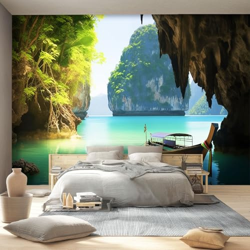 Papel pintado Agua De Lago Natural Acantilado, 200 x 140 cm Papel tapiz fotográfico personalizado no tejido para sala de estar y habitación infantil, Azul Verde