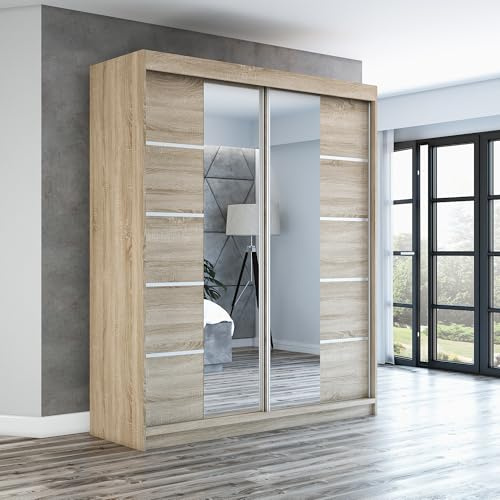 A&J MöbelLand Schwebetürenschrank ERA Kleiderschrank 2-türig mit Spiegel, Garderobe 180 cm (Sonoma/Sonoma/Sonoma)