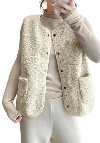 JClorix Gilet sans manche femme Teddy Fleece Gilet polaire Col V court Gilet matelassé Doudoune sans manches Gilet sherpa Chaud À boutons Avec poches Tailles S-2XL