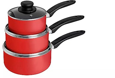 Aluminium Cookware Set, 3-Piece Saucepan Set with Glass Lids, Red