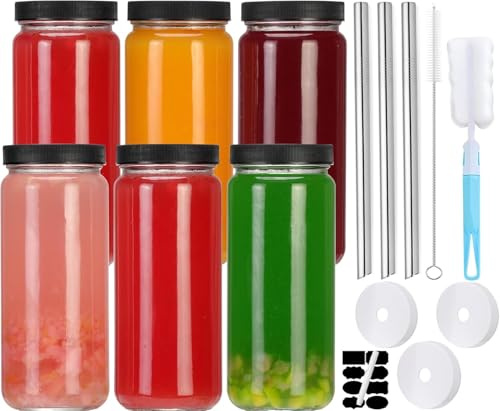 CJWLKJ 6 Pack Glass Juice Bottles with 3 Straws & 3 Lids w Hole- 16 OZ Travel Drinking Jars, Water Cups with Black Airtight Lids, Reusable Tall Mason Jar for Juice, Bubble Tea, Smoothie, Tea