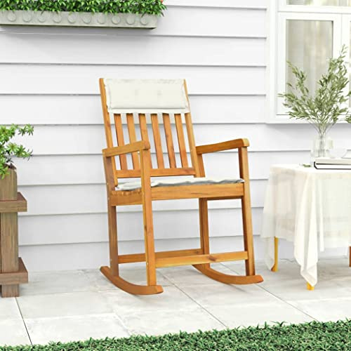 QZZCED Schaukelstuhl aus massivem Akazienholz mit Kissen für drinnen und draußen, robust und langlebig, ergonomisches Design für maximalen Komfort und Entspannung in Ihrem Haus oder Garten