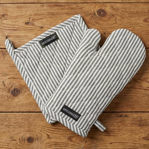 Encasa XO Oven Glove & Potholder Set, Heat Resistant Cooking Mitt Black | 100% Pure Cotton | Heat Resistant | Non-Slip Grip | Microwave & Oven Safe | 2 Piece Set