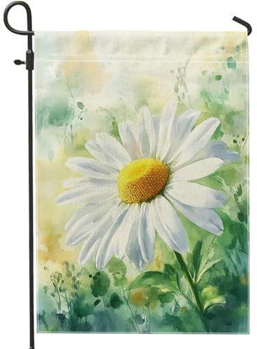 Bandiera da giardino con crisantemo, fiori primaverili verdi gialli al centro della primavera bianca in iuta decorativa su entrambi i lati, per esterni, patio, prato, portico, ingresso, campeggio