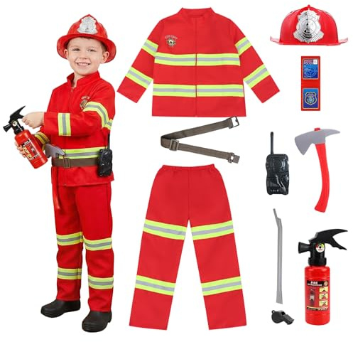 dellyy Jouet Garcon 4 Ans, 10 Deguisement Pompier Enfant, Costume Pompier Enfant, pour Carnaval, Fasching, Halloween, Soirée à Thème (Orange, L)