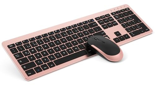seenda SK38-3 Tastatur Maus Set Kabellos, Ultra-Dünne, Rosa & Gold | Wiederaufladbare Funktastatur, Ergonomische Keyboard Mouse mit Silikon Staubschutz für PC/Laptop/Smart TV， QWERTZ