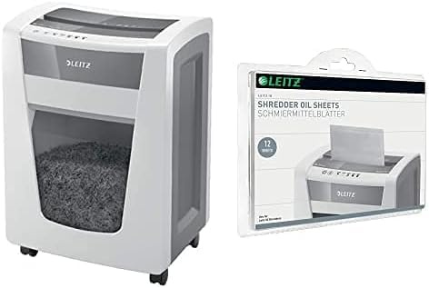 Leitz IQ Set Office Pro Aktenvernichter, Mikroschnitt, Sicherheitsstufe P5, 17-15 Blatt Kapazität (70-80 g/m²), 30L Abfallbehälter, Schredder, Weiß, 80050000 + Leitz IQ Ölblätter 80070000