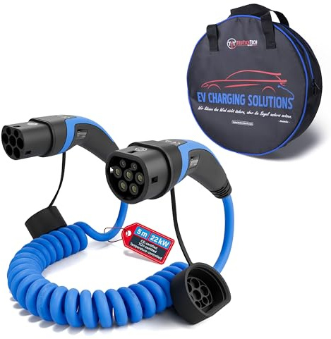 TEUTSCHTECH, EV Ladekabel Spiral I 5M I TYP2 auf TYP2 I 22kW I 3X32A I 3-phasig I Nutzbare Länge ca. 3M I Versilberte Kontakte I Temperatursensor I Schutz vor Brand