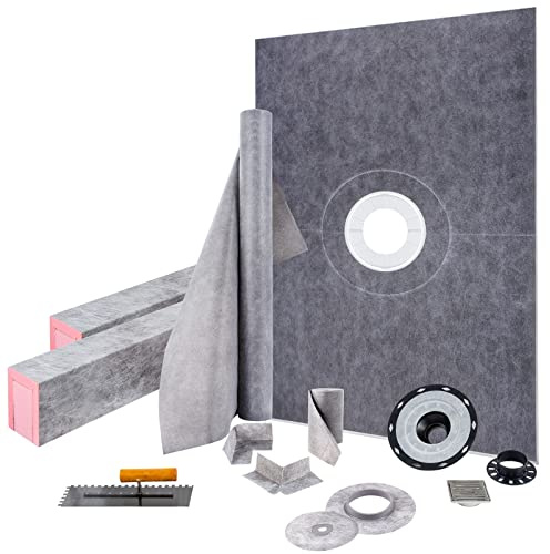 VEVOR Shower Curb Kit, 38x60 Watertight Shower Curb Overlay with 4 PVC Central Bonding Flange, 4 Stainless Steel Grate, 2 Cuttable Shower Curb and Trowel, Shower Pan Slope Sticks Fit for Bathroom