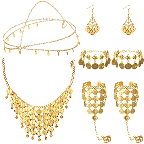 Inbagi Belly Dance Jewelry Set Women Belly Dance Gold Sequins Head Chain Coins Necklace Earrings Bracelets Bohemian Tassel Anklet Chain Hand Ring Bracelet Anklet Coin Veil Necklace