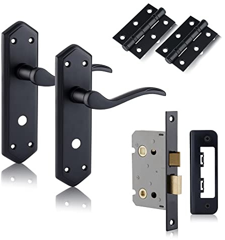 XFORT Black Beauty Range Matt Black London Suite Bathroom Pack, Complete Set with Bathroom Handles, 65mm Mortice Lock and 75mm Ball Bearing Hinges, for Internal Wooden Doors