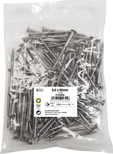 Connex Universalschrauben 6,0 x 80 mm - 1 kg Großpack - Senkkopf - TX-Antrieb - Teilgewinde - Edelstahl rostfrei / Schrauben-Set / Schrauben im Beutel / KL3266080