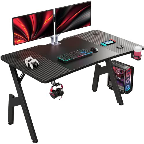 DLONGONE Gaming Desk 140 x 60cm, Computer Gamer Desk, Gaming PC table for Home Office, A Shaped Gaming Table with Cup Holder and Headphone Hook, Simple Assembly, Black