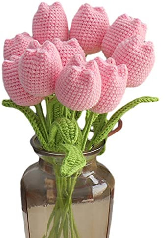 Emivery Crochet Flower Bouquet, 7pcs Knitted Artificial Tulip Flowers Bouquet Pink Handmade Crocheted Finished Fake Flower Tulip for Valentine's Mother's Teacher's Day Gift