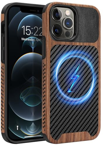 ZZDZZ Coque Magnétique pour iPhone 12 Pro Max [Compatible avec MagSafe] Étui de Cuir en Bois et Carbone Protection Antichoc Housse pour iPhone 12 Pro Max - Noir