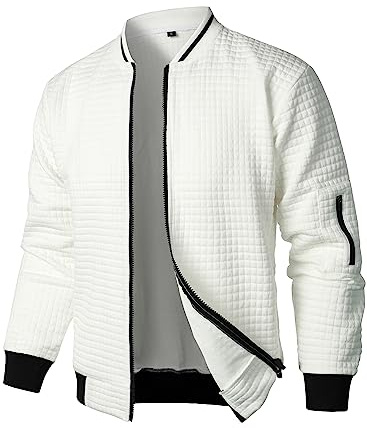 HOOD CREW Men’s Zip Up Lightweight Bomber Jacket Casual Windbreaker Sport Varsity Jacket White L