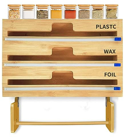 Cling Film Dispenser and Cutter 4 in 1 Wrap Dispenser with Cutter,Plastic Wrap Aluminum Foil and Wax Paper Dispenser for Kitchen Wall Drawer,Bamboo Roll Organizer Holder,Compatible with 12 Roll