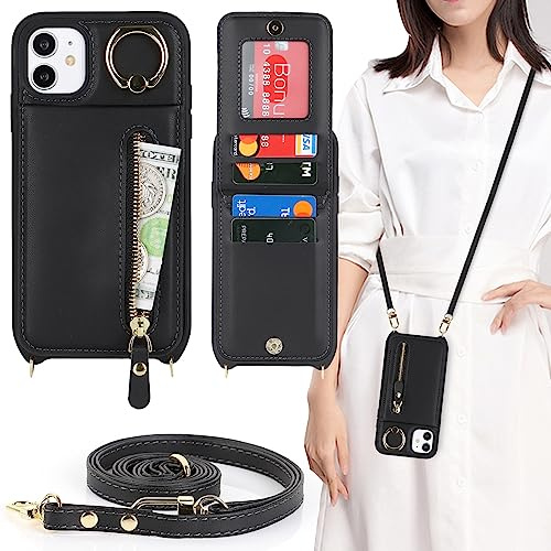 CAVOR Handykette Handyhülle Kompatibel Mit iPhone 11 Hülle Mit Band,Flip Leder Geldborse Hülle,[4 Kartenfach][Ring Stander][Reißverschluss],Handytasche zum Umhängeband - Schwarz