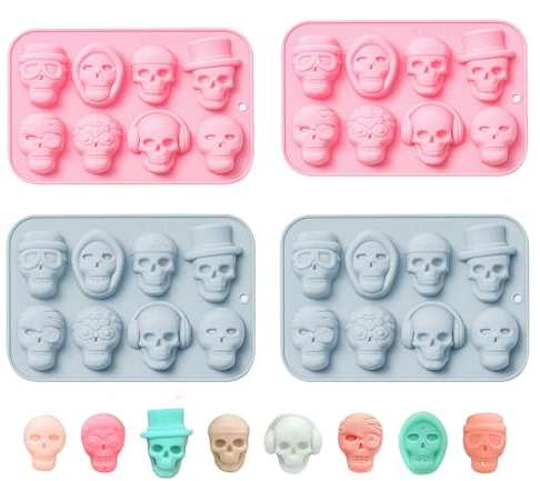 ACAREY Totenkopf Schokoladenform Silikon Pralinenform 3D EiswürfelformTotenkopf Schokoladenform,Silikonform Halloween, Totenkopf Eiswürfel für kühle Bourbon,üßIgkeiten, Schokolade, Gelee (4PCS)
