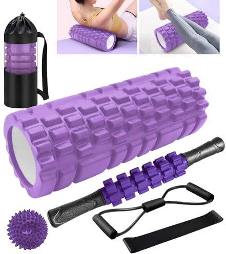 Rullo Massaggio Muscolare, Qveetry 6 in 1 Foam Roller Rullo in Schiuma Pallina Massaggiante Bastone Massaggio bande di resistenza per Stretching Yoga Pilates Rilascio Miofasciale (Viola)