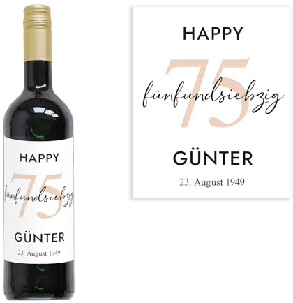 Mimi und Anton 75 Geburtstag Geschenk | Personalisiertes Flaschenetikett | Weinetikett 75 | Größe 10x12 cm | Weinlabel Happy Birthday mit Geburtstagszahl (Beige), Namen & Datum