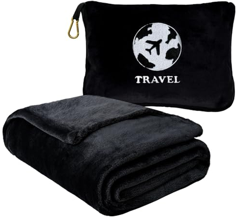 Bnuitland Reisedecke und Kissen, 2-in-1, weiche Flanell-Flugzeugdecke in Tasche, kompakt, langer Flug, unverzichtbar für Erwachsene und Kinder, tragbare Gepäckhülle und Rucksackclip, 165 x 101 cm,