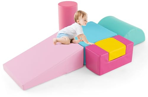 GOPLUS Parcours Motricité Bébé 6 PCS, Module Motricité Bébé en Mousse, Jouets Éducatifs Intérieur avec Housse en PU et Remplissage en EPE, Idéal pour Enfants d'Âge Préscolaire à Grimper et Ramper